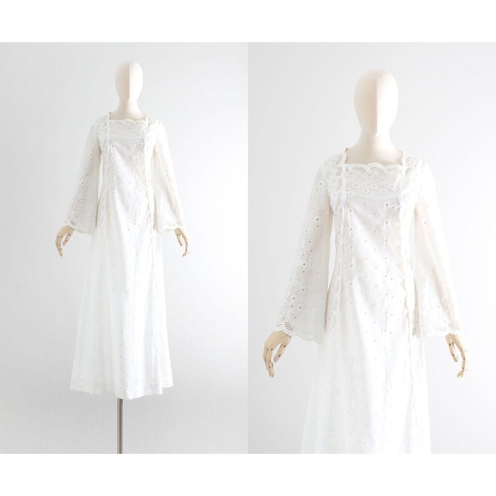 1970s Vintage White Cotton Eyelet Maxi Dress Bell Sleeve | Small to Medium